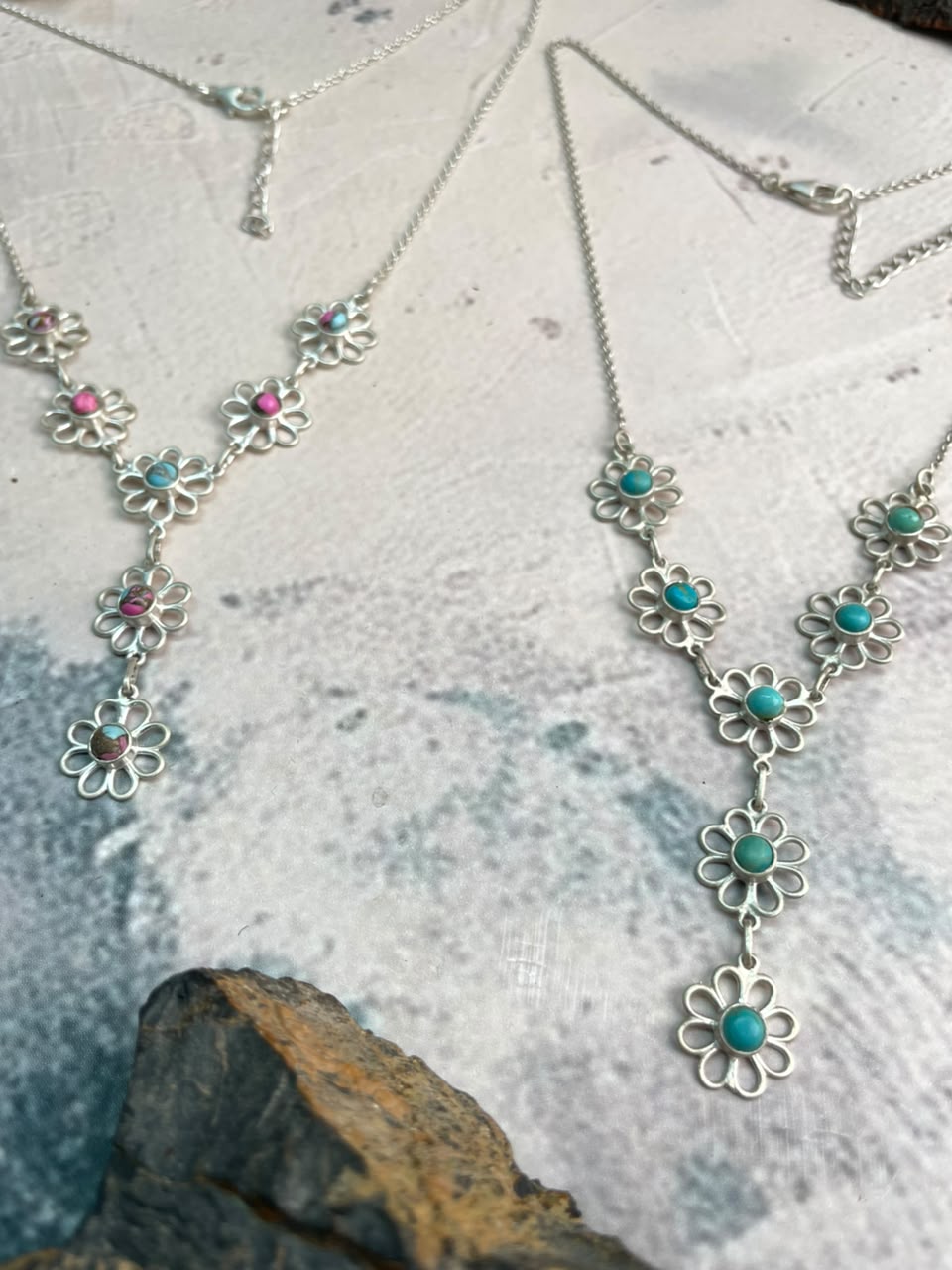 Handmade Sterling Silver Cotton Candy and Kingman Turquoise Flower Collection: Necklace