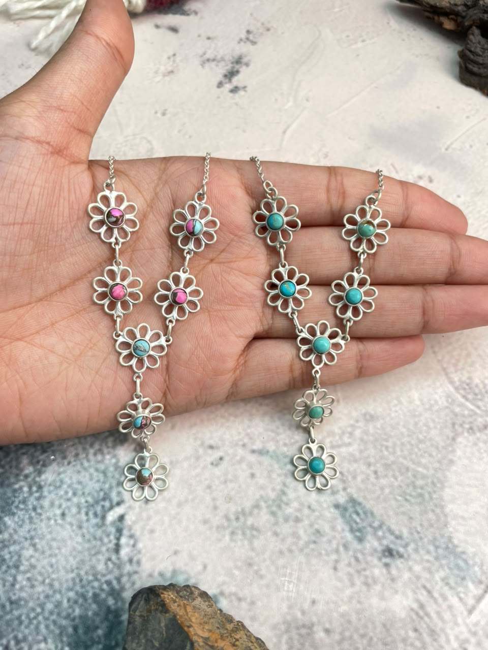 Handmade Sterling Silver Cotton Candy and Kingman Turquoise Flower Collection: Necklace