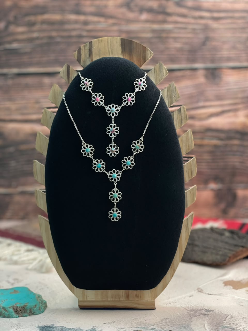 Handmade Sterling Silver Cotton Candy and Kingman Turquoise Flower Collection: Necklace