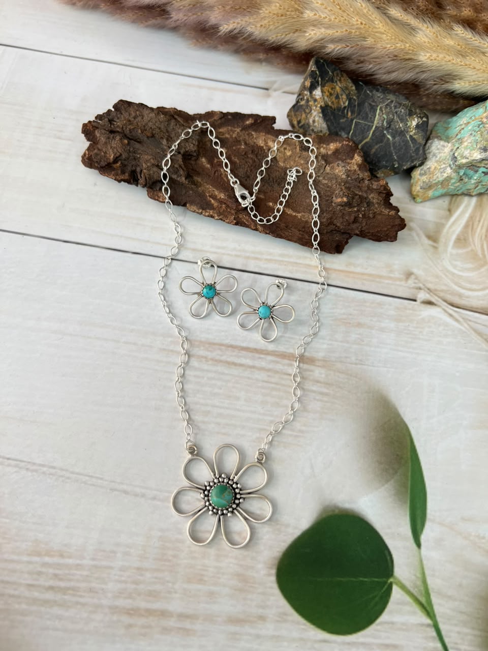 Handmade Sterling Silver Kingman Turquoise Necklace and Earrings Set Signed Nizhoni