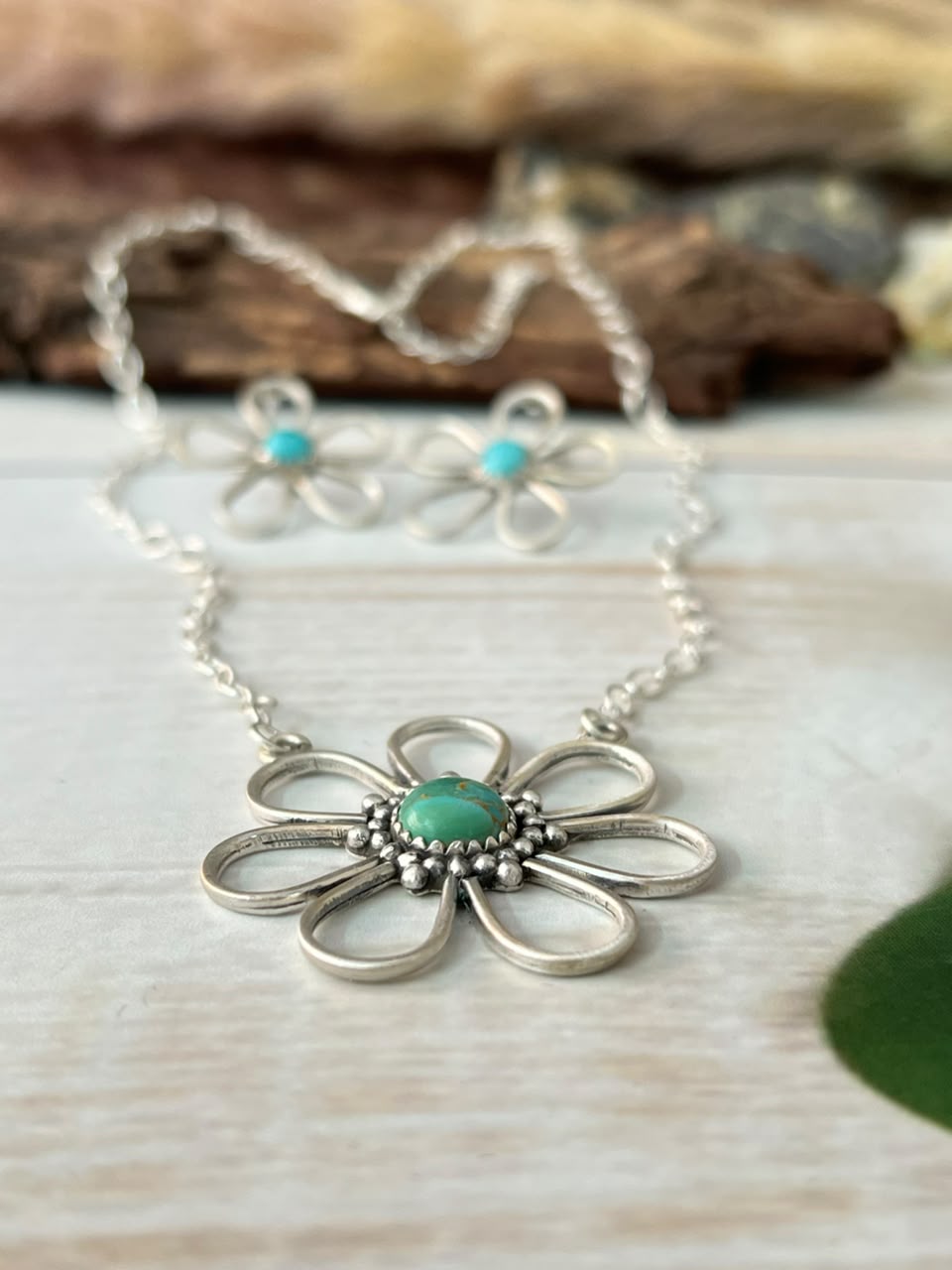 Handmade Sterling Silver Kingman Turquoise Necklace and Earrings Set Signed Nizhoni