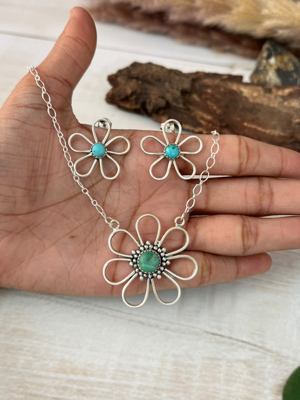 Handmade Sterling Silver Kingman Turquoise Necklace and Earrings Set Signed Nizhoni