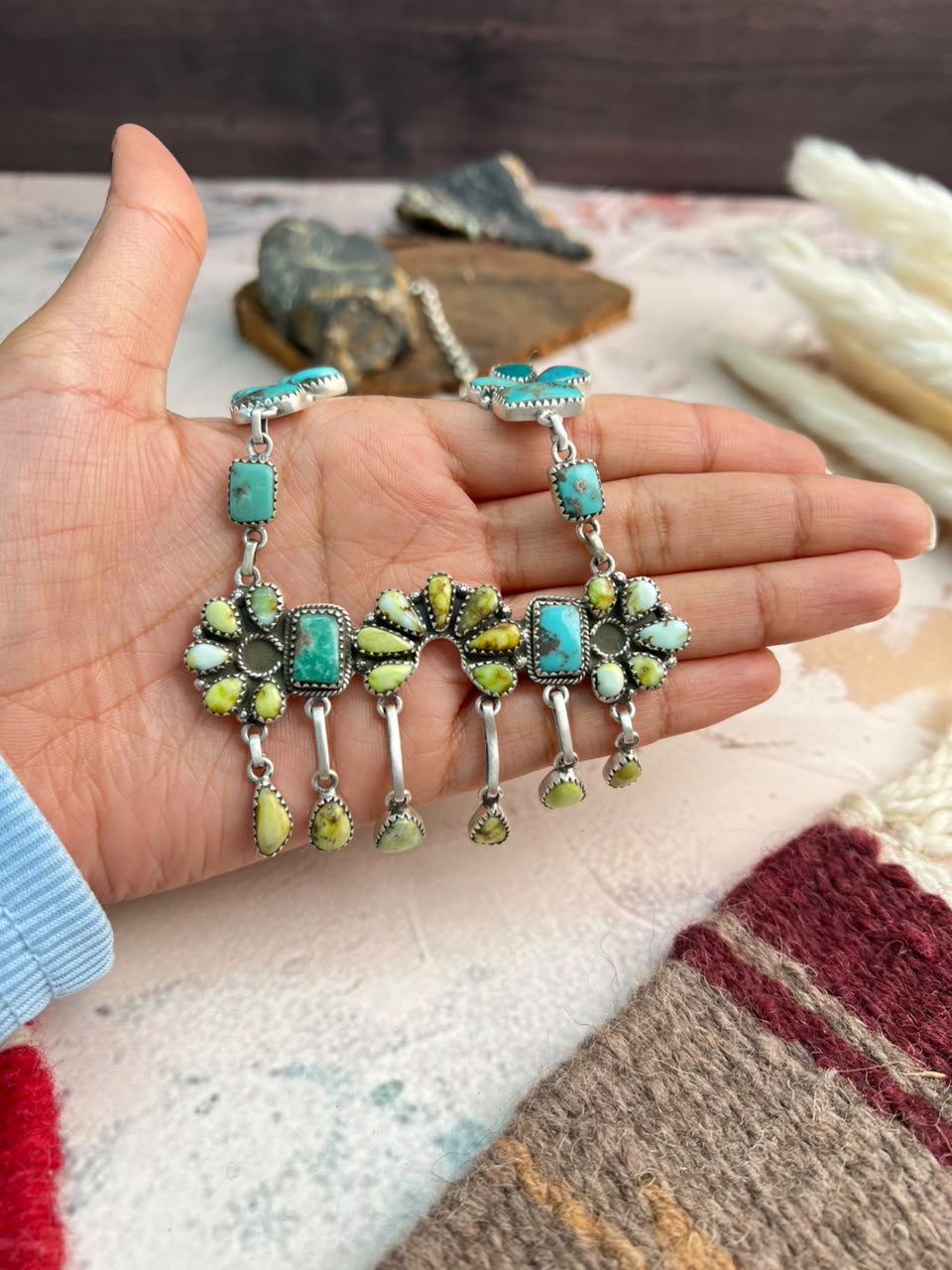 Handmade Sterling Silver Palomino with Campitos Turquoise Necklace Signed Nizhoni