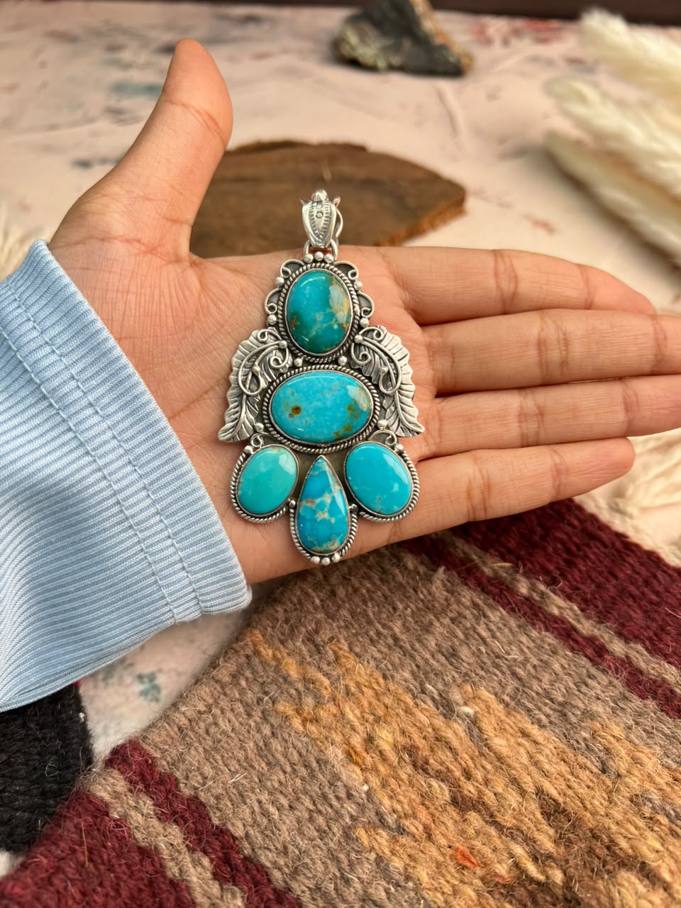 Handmade Sterling Silver Hardy Pit Turquoise Pendant Signed Nizhoni