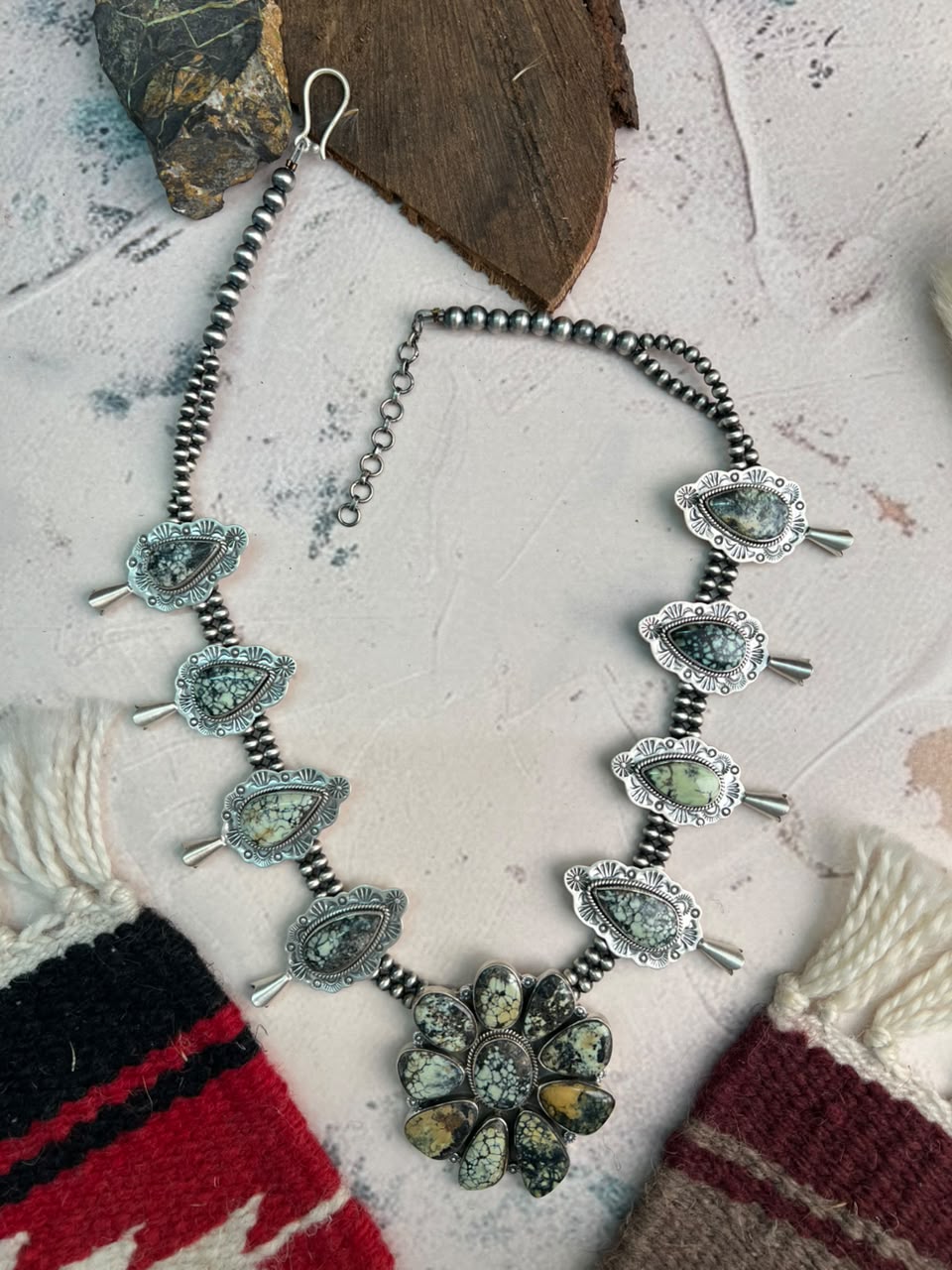 Handmade Sterling Silver Colina Verde Variscite Collection: Beaded Squash Blossom Necklace Signed Nizhoni