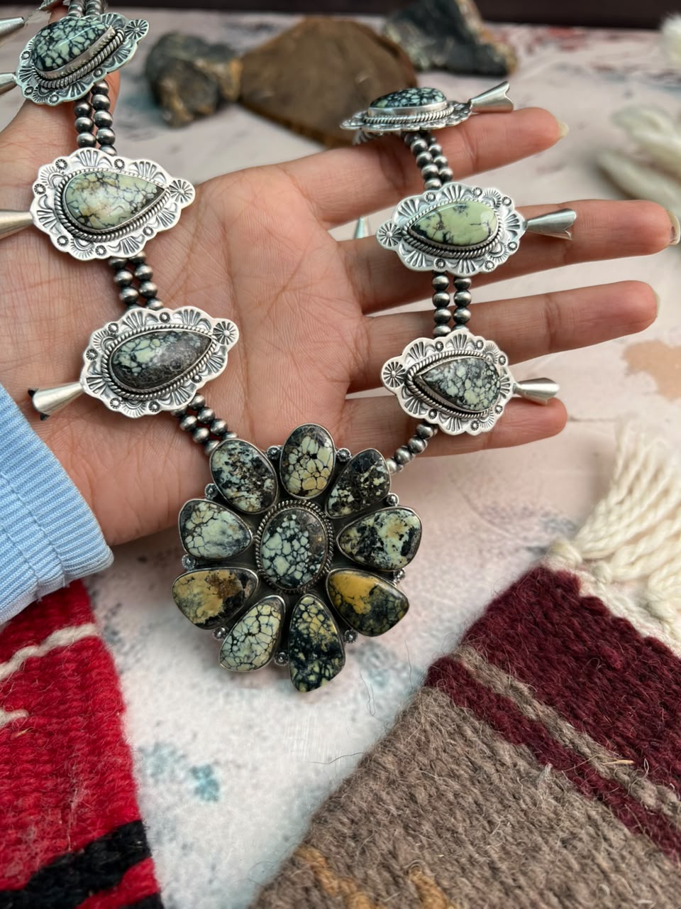 Handmade Sterling Silver Colina Verde Variscite Collection: Beaded Squash Blossom Necklace Signed Nizhoni