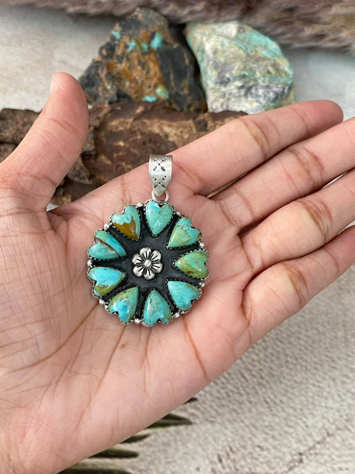 Handmade Sterling Silver Kingman Turquoise Turquoise Heart Pendant Signed Nizhoni