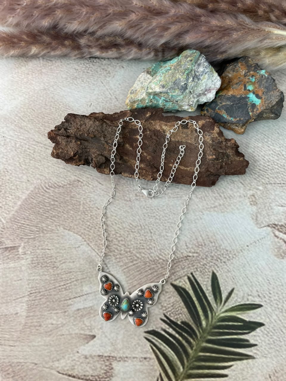 Handmade Sterling Silver Orange Mojave with Kingman Turquoise Butterfly Necklace Signed Nizhoni