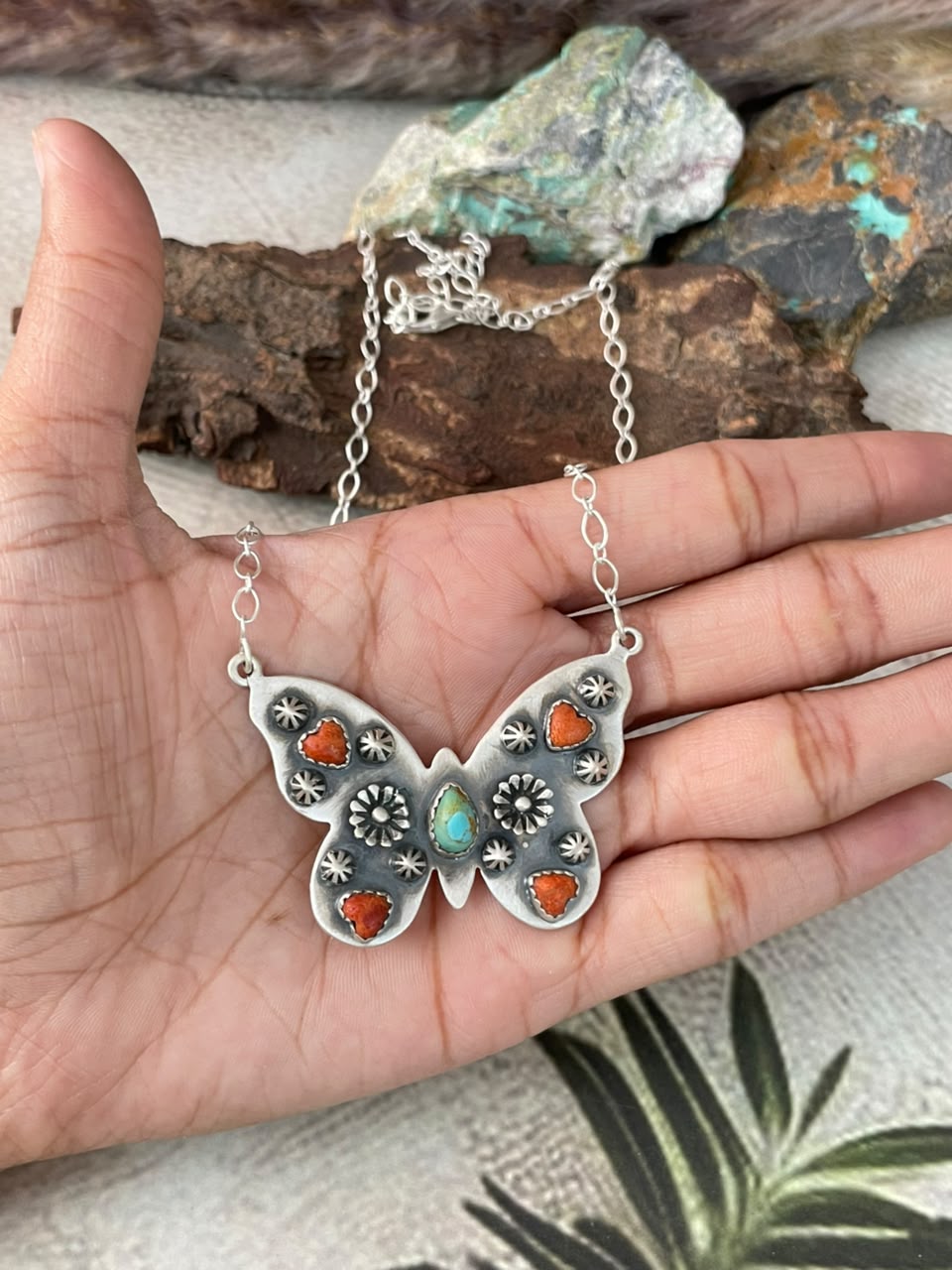 Handmade Sterling Silver Orange Mojave with Kingman Turquoise Butterfly Necklace Signed Nizhoni