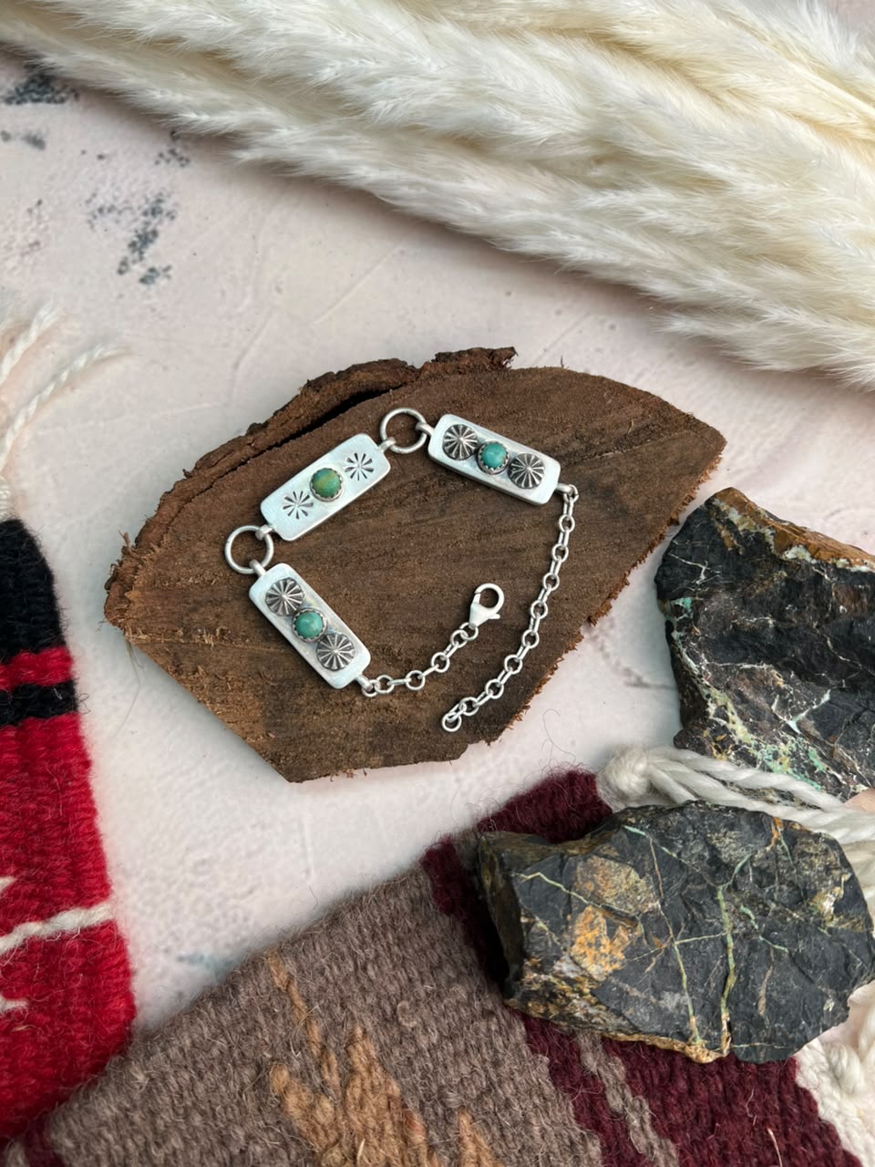 Handmade Sterling Silver Kingman Turquoise Chain Bracelet Signed Nizhoni