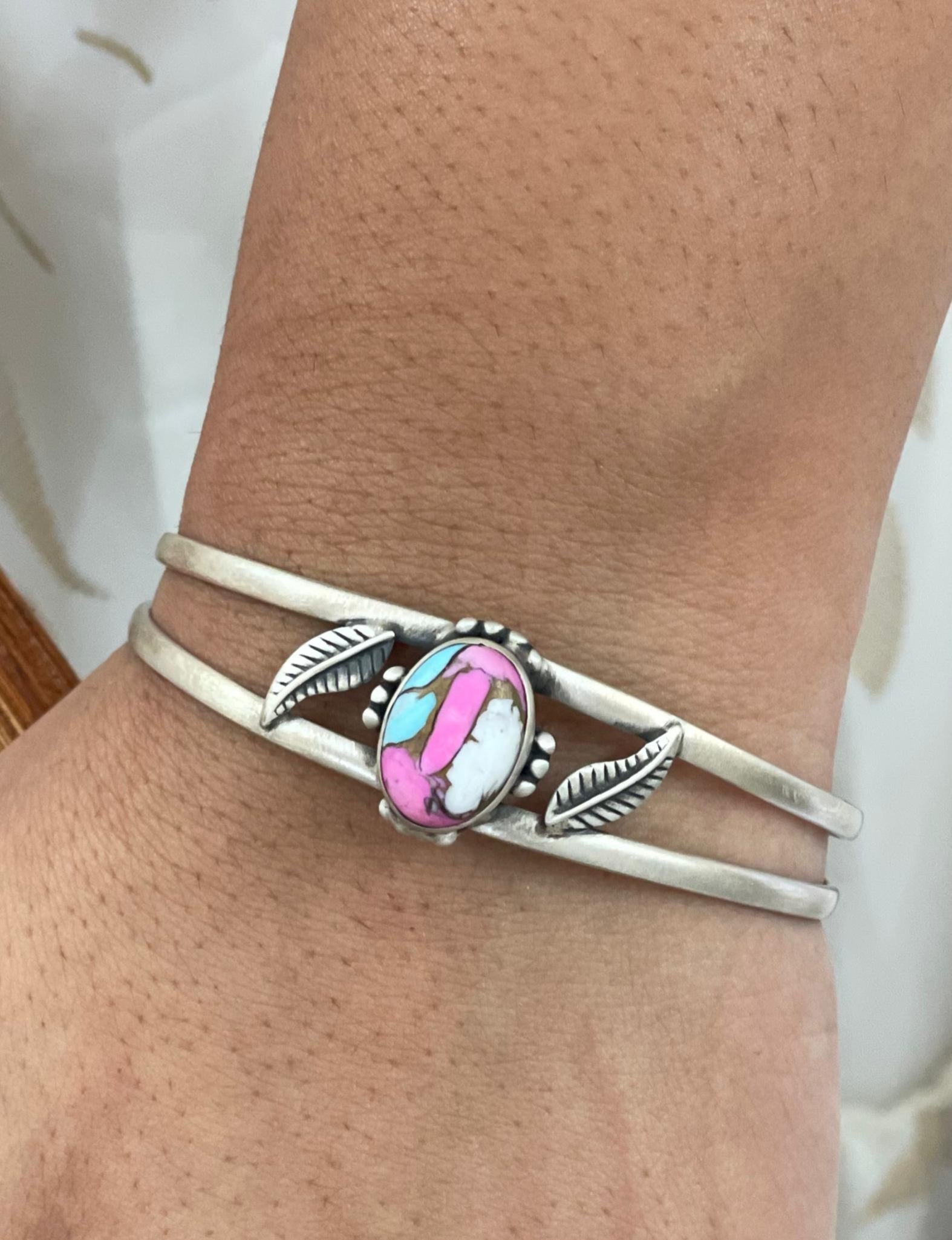 Handmade Sterling Silver Cotton Candy Turquoise Bracelet with Signed Nizhoni