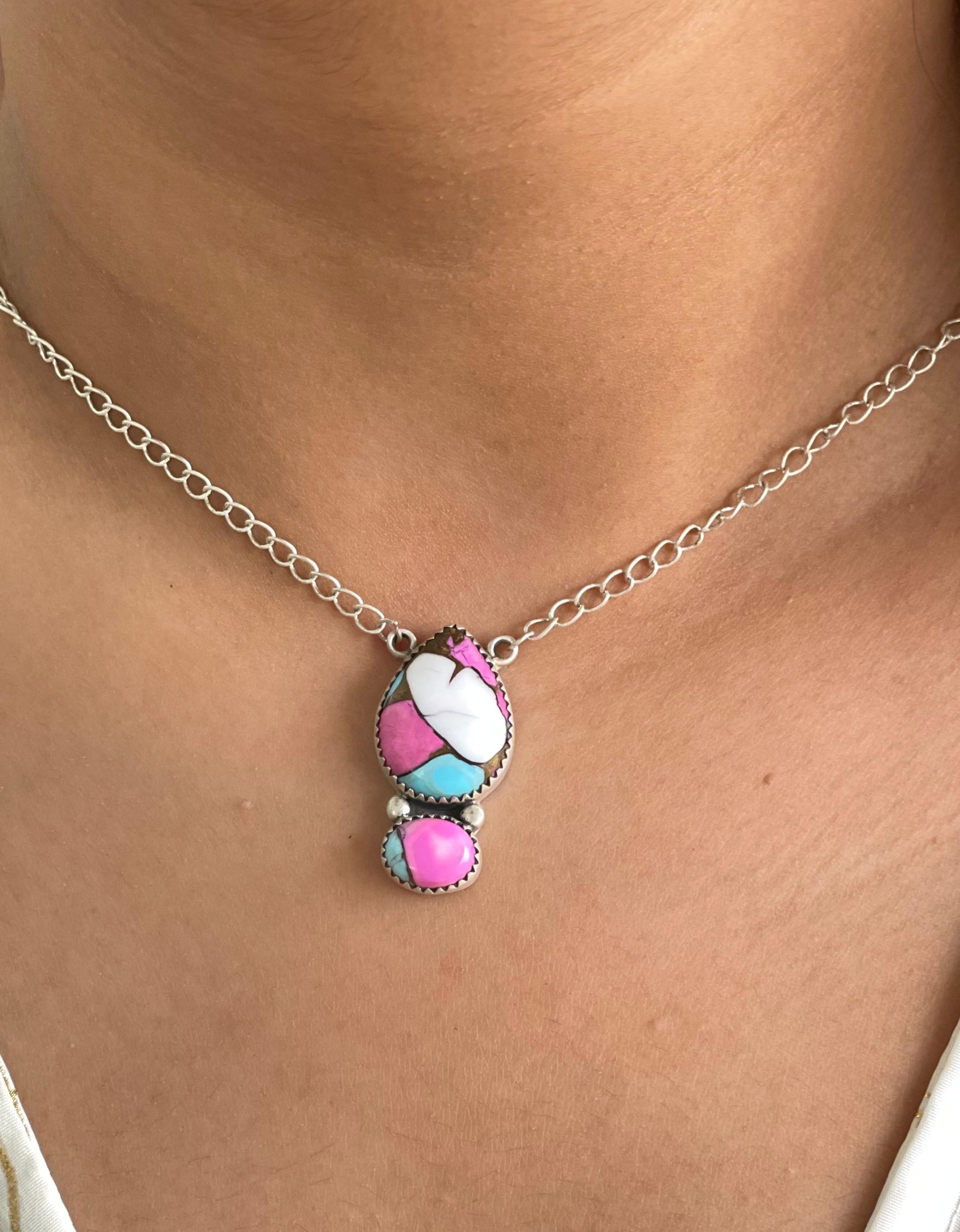 Handmade Sterling Silver Cotton Candy Turquoise Necklace with Signed Nizhoni (2)