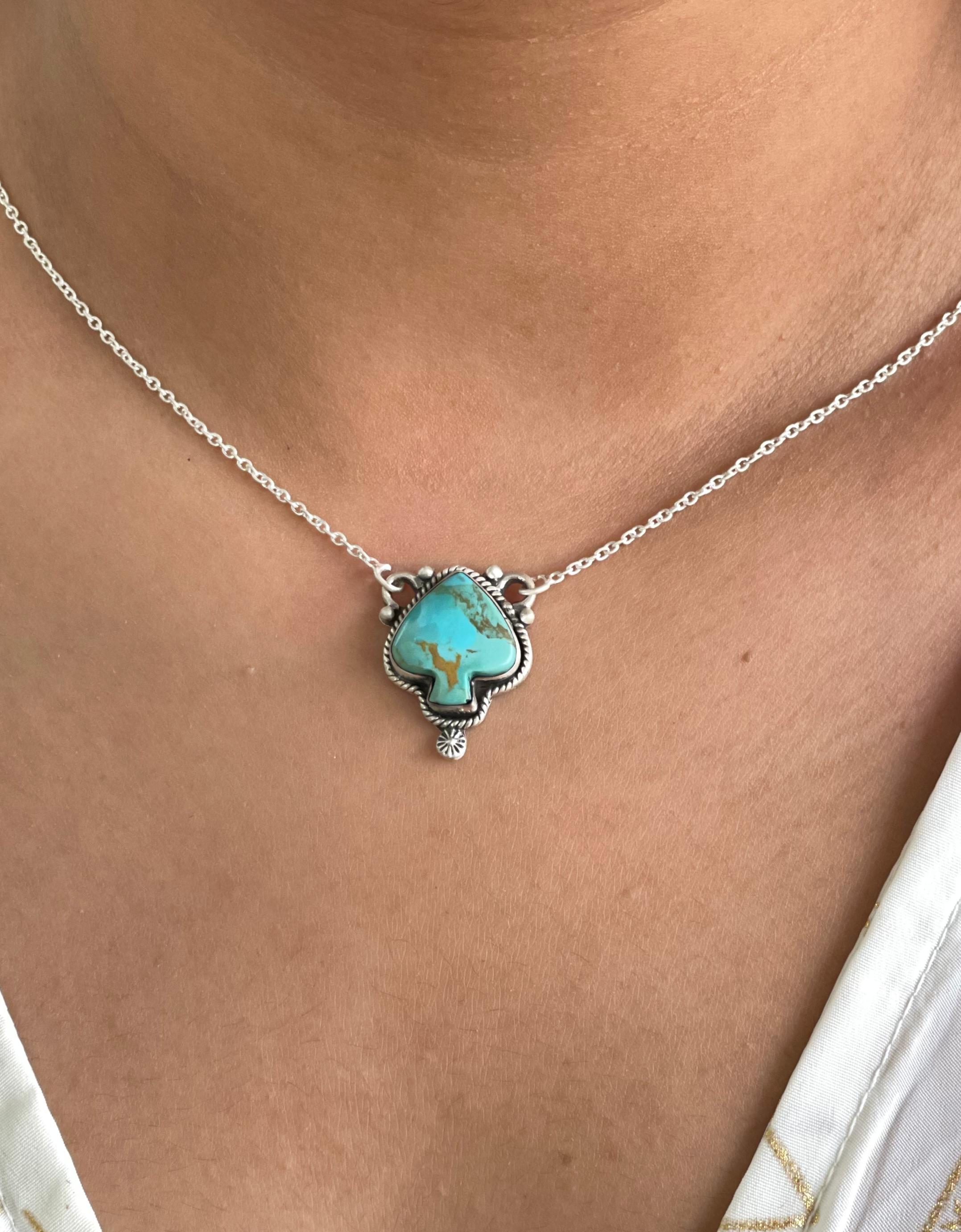 Handmade Sterling Silver Kingman Turquoise Spade Necklace with Signed Nizhoni