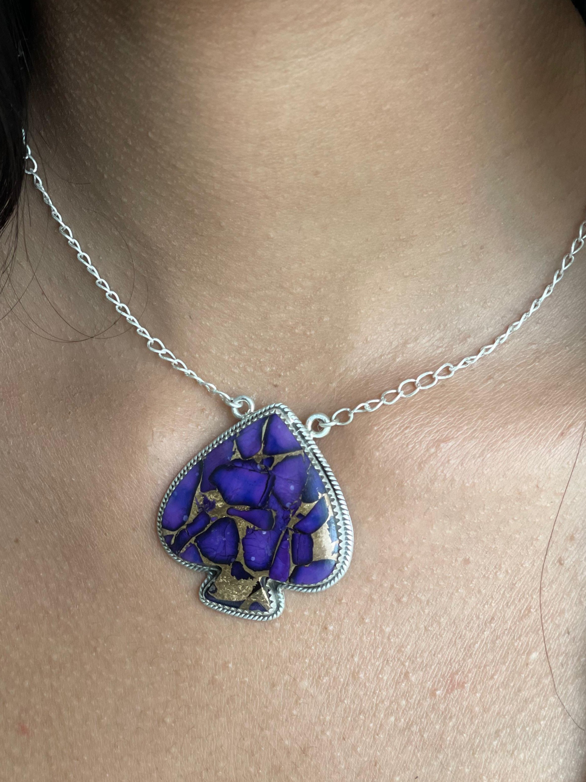 Handmade Sterling Silver Grape Dahlia Spade Necklace with Signed Nizhoni