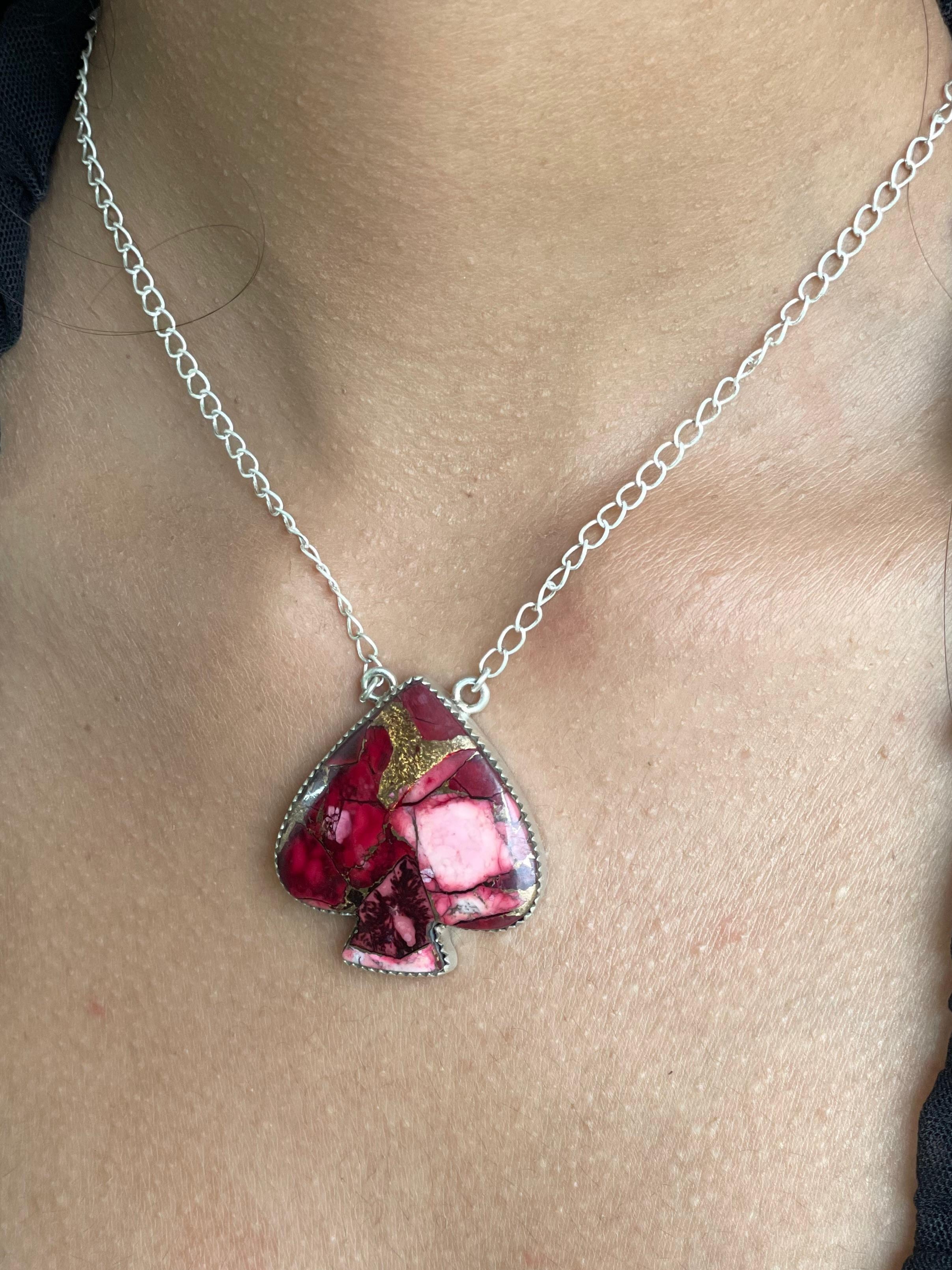 Handmade Sterling Silver Dahlia Rose Spade Necklace with Signed Nizhoni