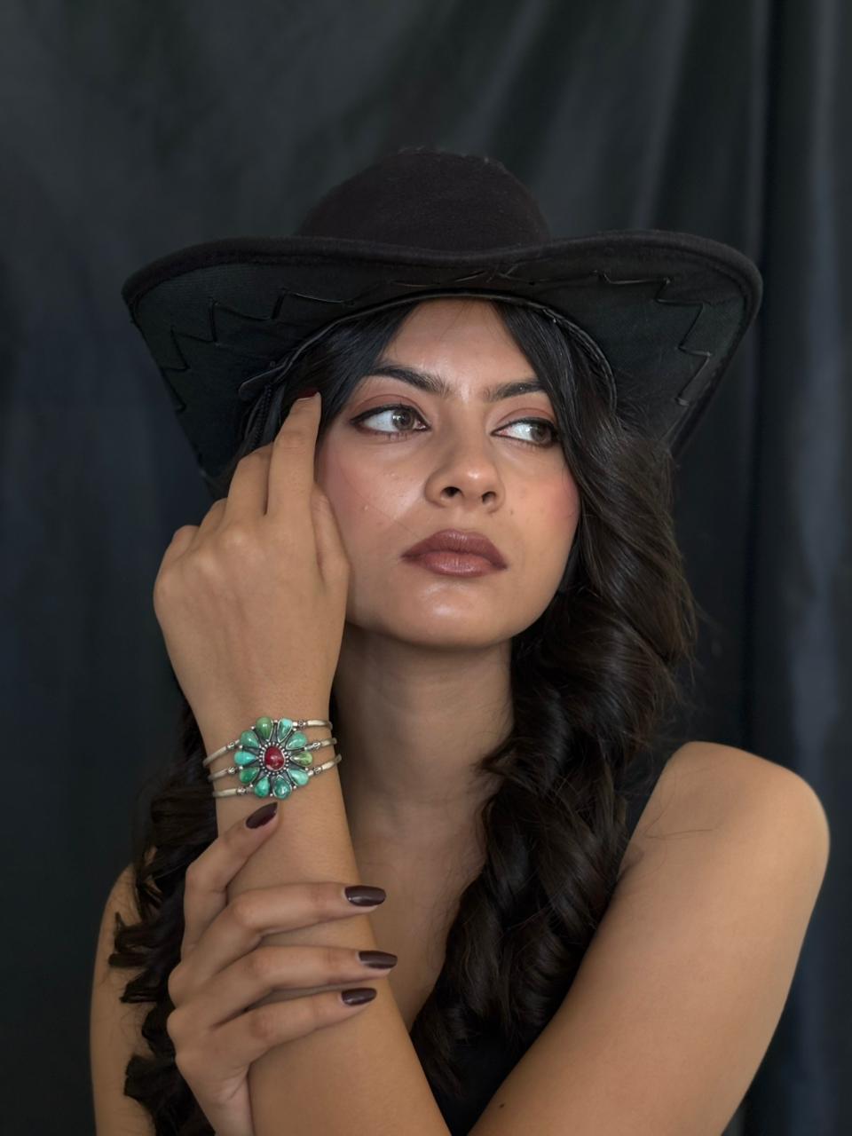Handmade Sterling Silver Dahlia Rose with Emerald Valley Turquoise Cuff Bracelet "Signed Nizhoni"