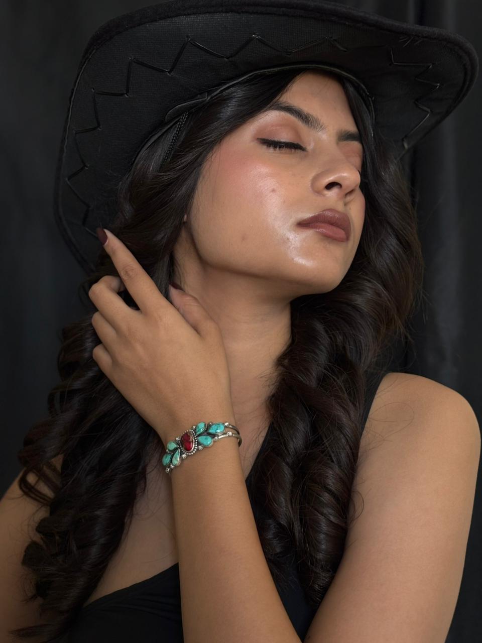 Handmade Sterling Silver Dahlia Rose with Emerald Valley Turquoise Cuff Bracelet "Signed Nizhoni"