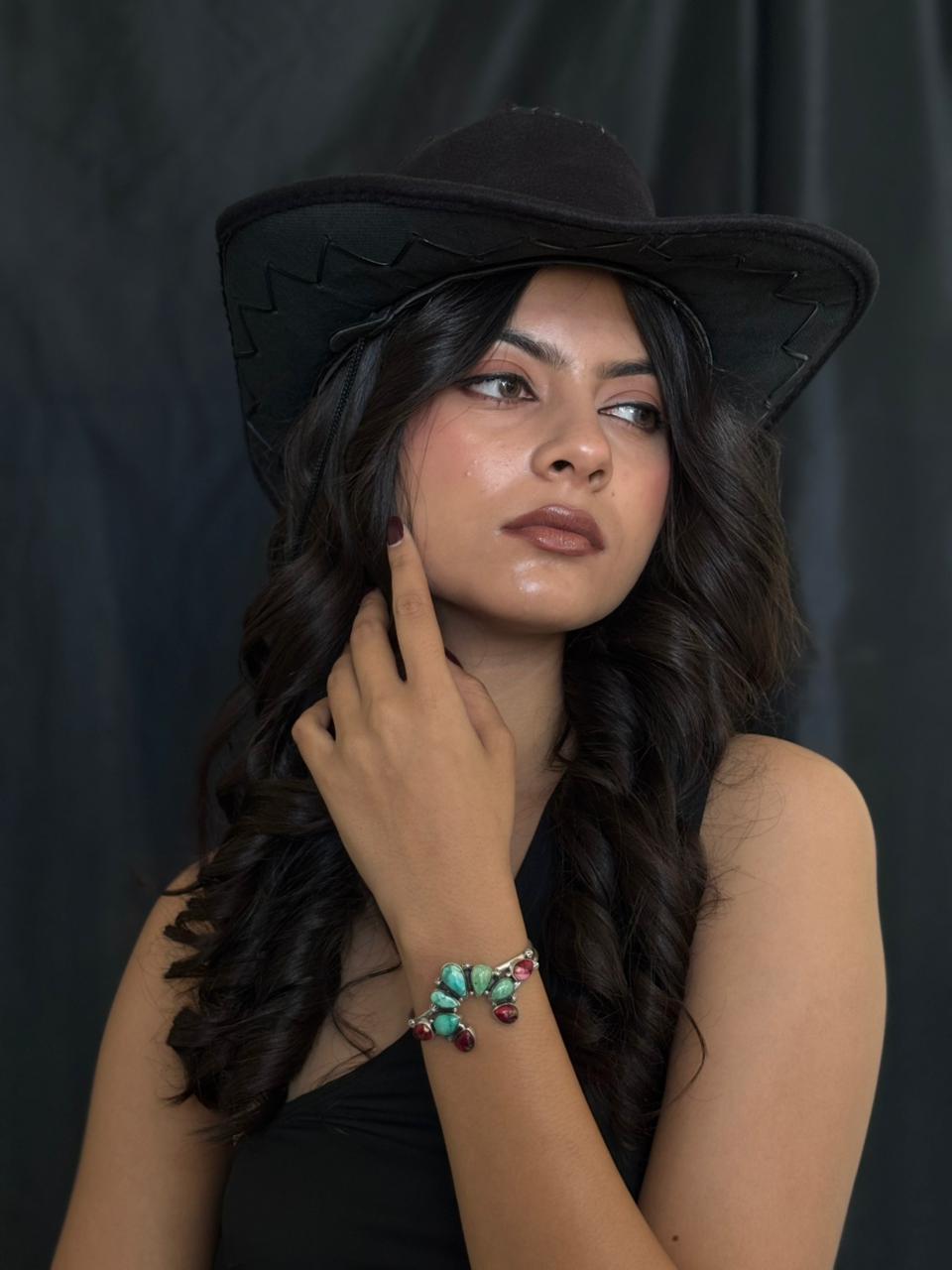 Handmade Sterling Silver Dahlia Rose with Emerald Valley Turquoise Cuff Bracelet "Signed Nizhoni"