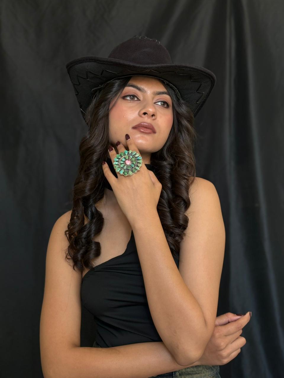 Handmade Sterling Silver Dahlia Rose With Emerald Valley Turquoise Ring "Signed Nizhoni"