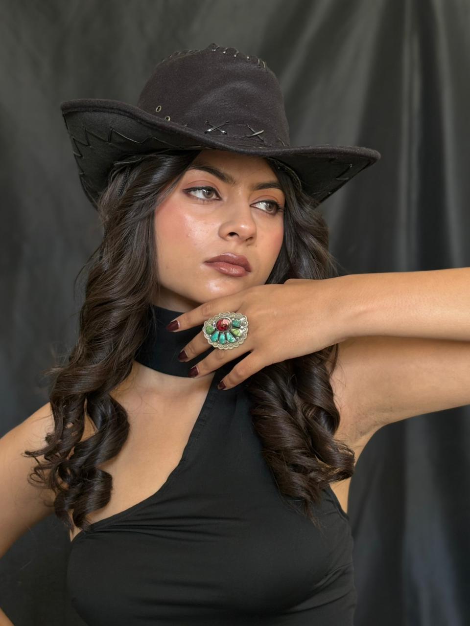 Handmade Sterling Silver Dahlia Rose With Emerald Valley Turquoise Ring "Signed Nizhoni"