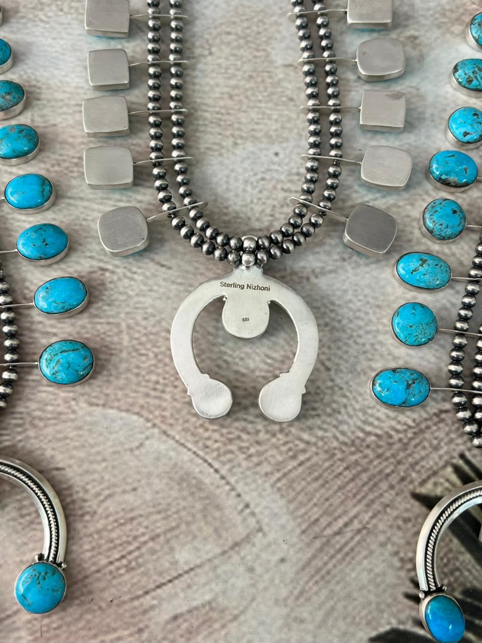 Handmade Sterling Silver Blue Bird with Arizona Blue Turquoise Beaded Necklace "Signed Nizhoni"