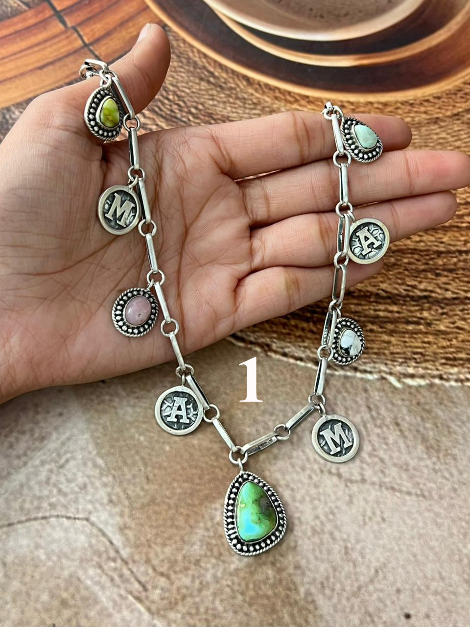 Handmade Sterling Silver Mama Collection: Pink Opal with Sonoran Mountain, Paloma,White Buffalo and Palomino Turquoise Necklace "Signed Nizhoni"