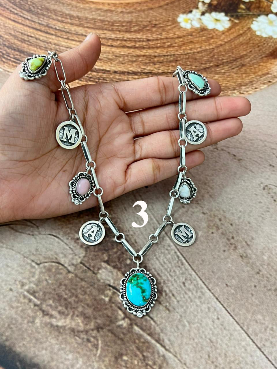 Handmade Sterling Silver Mama Collection: Pink Opal with Sonoran Mountain, Paloma,White Buffalo and Palomino Turquoise Necklace "Signed Nizhoni"
