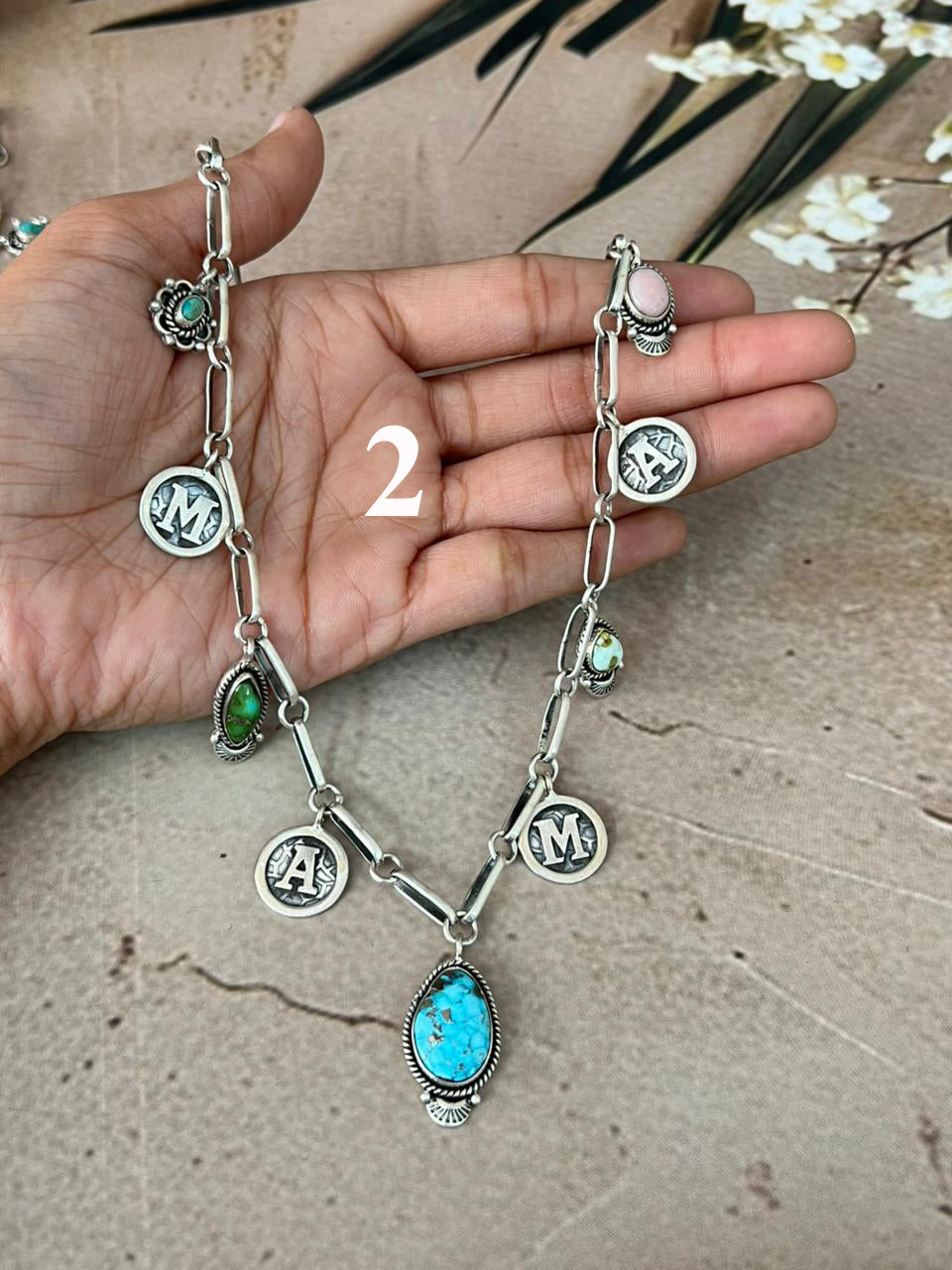 Handmade Sterling Silver Mama Collection: Pink Opal with Sonoran Mountain, Paloma and Palomino Turquoise Necklace "Signed Nizhoni"