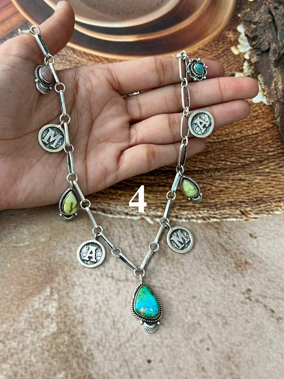 Handmade Sterling Silver Mama Collection: Pink Opal with Sonoran Mountain, Paloma and Palomino Turquoise Necklace "Signed Nizhoni"