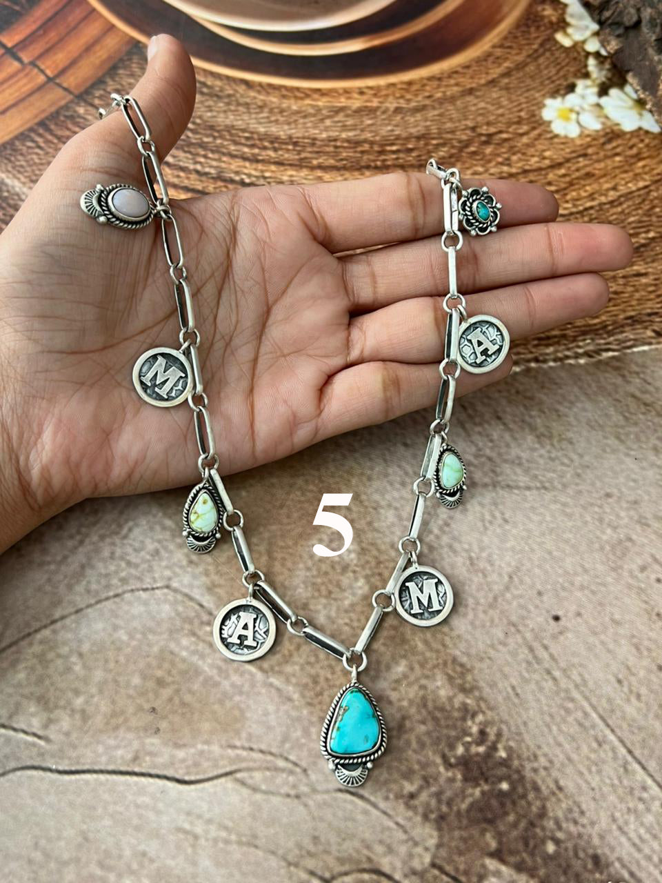 Handmade Sterling Silver Mama Collection: Pink Opal with Sonoran Mountain, Paloma and Palomino Turquoise Necklace "Signed Nizhoni"
