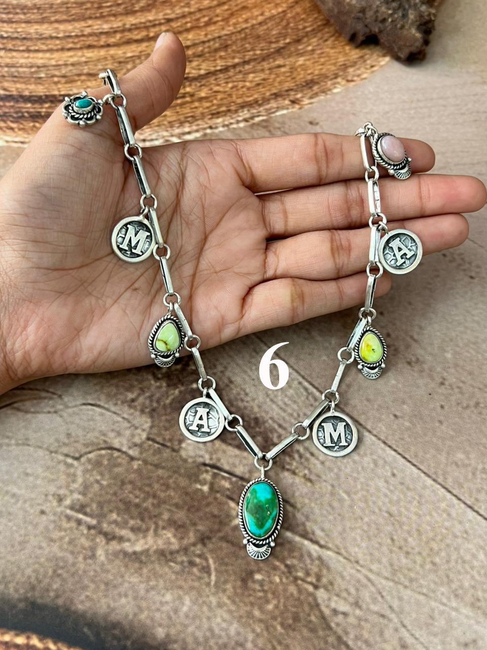 Handmade Sterling Silver Mama Collection: Pink Opal with Sonoran Mountain, Paloma and Palomino Turquoise Necklace "Signed Nizhoni"