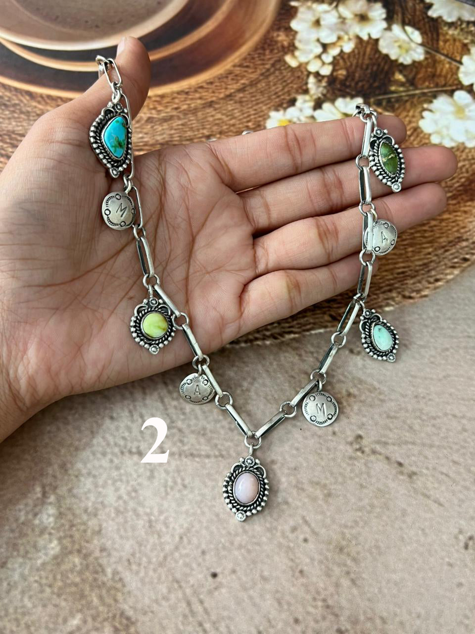 Handmade Sterling Silver Mama Collection: Pink Opal with Sonoran Mountain, Paloma and Palomino Turquoise  Necklace "Signed Nizhoni"