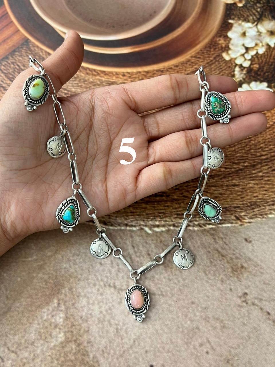 Handmade Sterling Silver Mama Collection: Pink Opal with Sonoran Mountain, Paloma and Palomino Turquoise  Necklace "Signed Nizhoni"