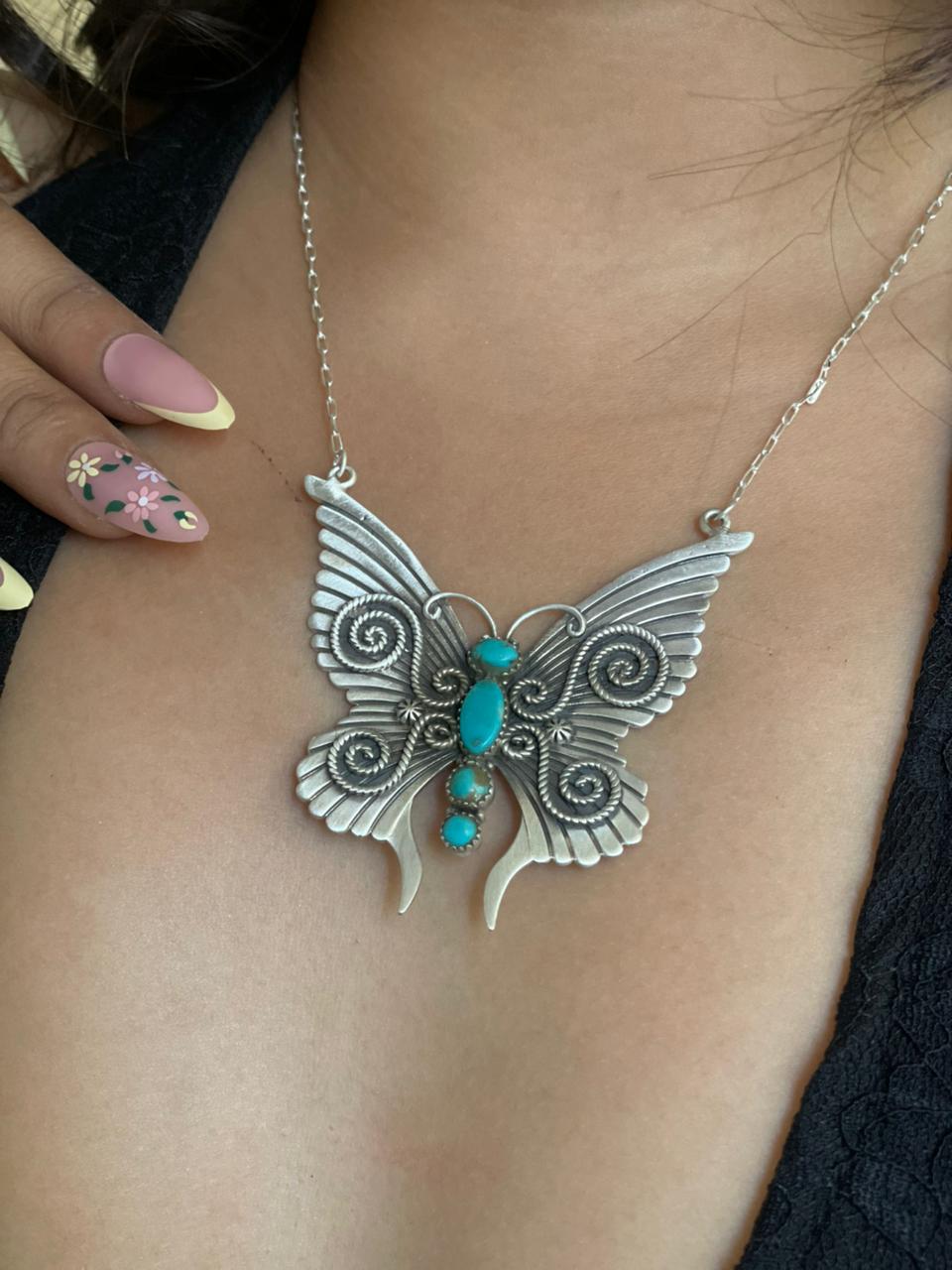 Handmade Sterling Silver Kingman Turquoise Butterfly Necklace "Signed Nizhoni"