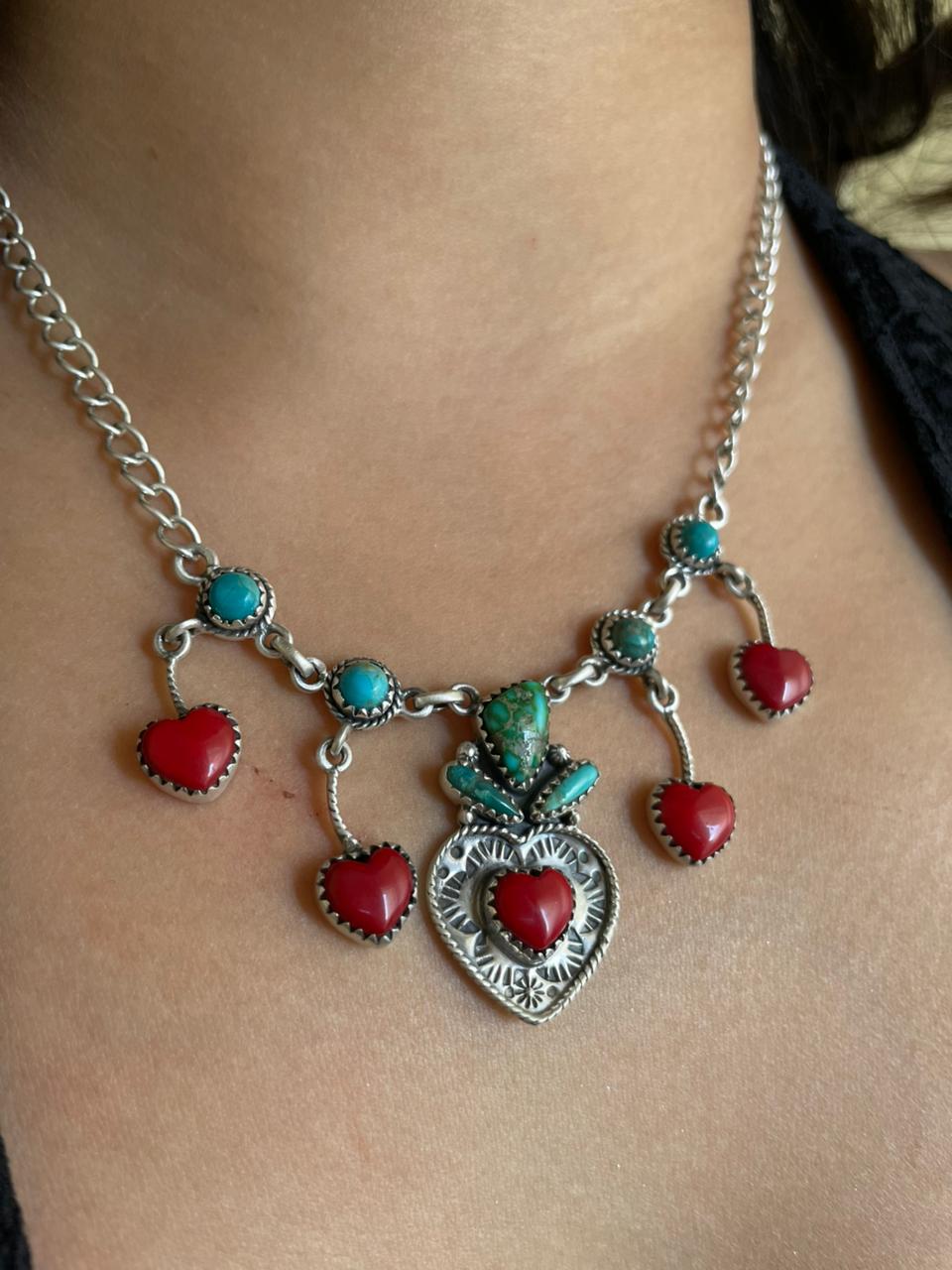 Handmade Sterling Silver Rosarita with Sonoran and Kingman Turquoise Necklace "Signed Nizhoni"