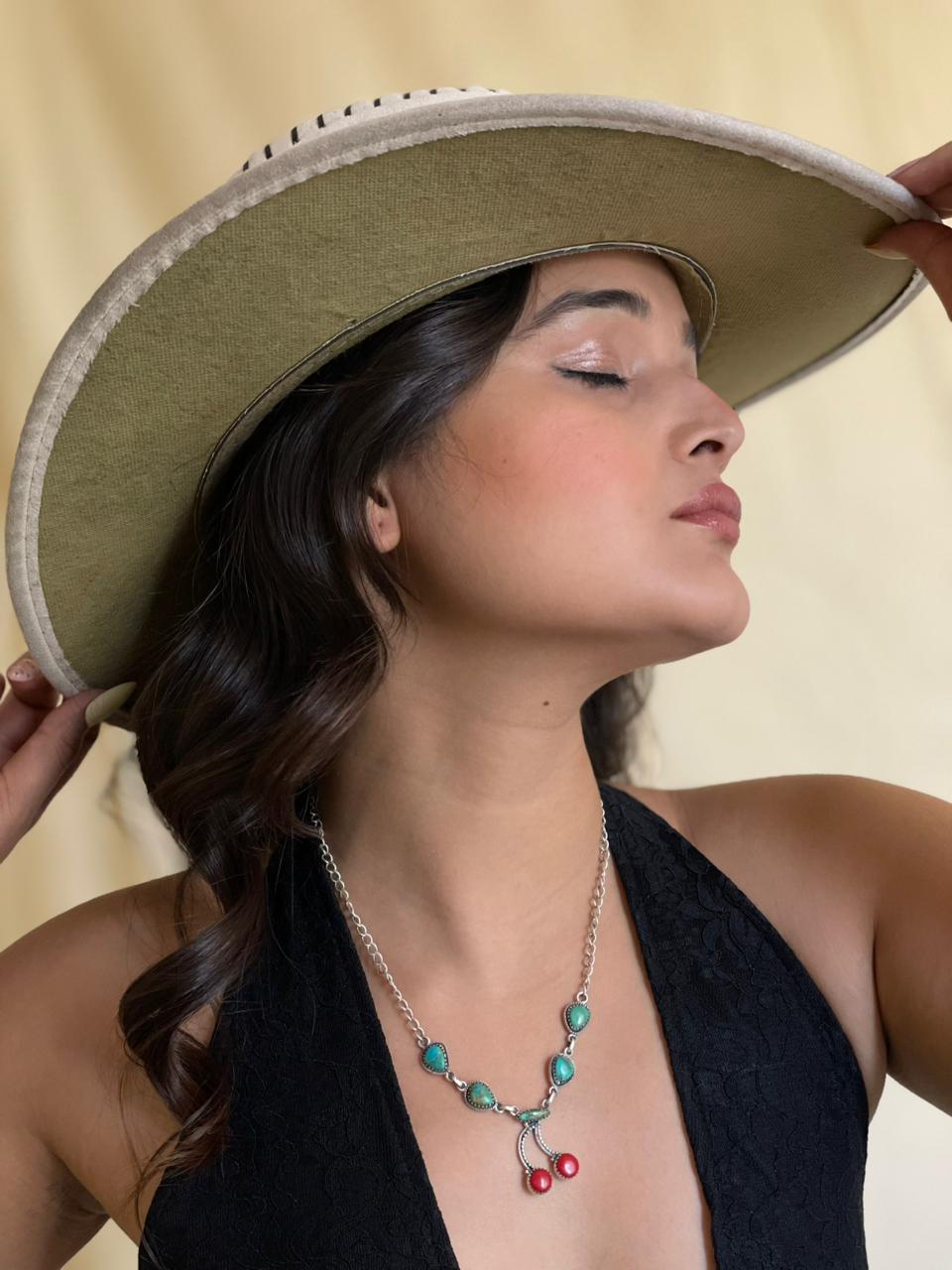 Handmade Sterling Silver Rosarita with Sonoran and Kingman Turquoise Necklace "Signed Nizhoni"