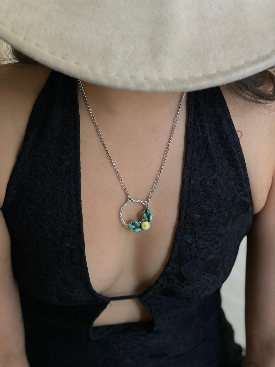 Handmade Sterling Silver Palomino with Emerald Valley Turquoise Necklace "Signed Nizhoni"