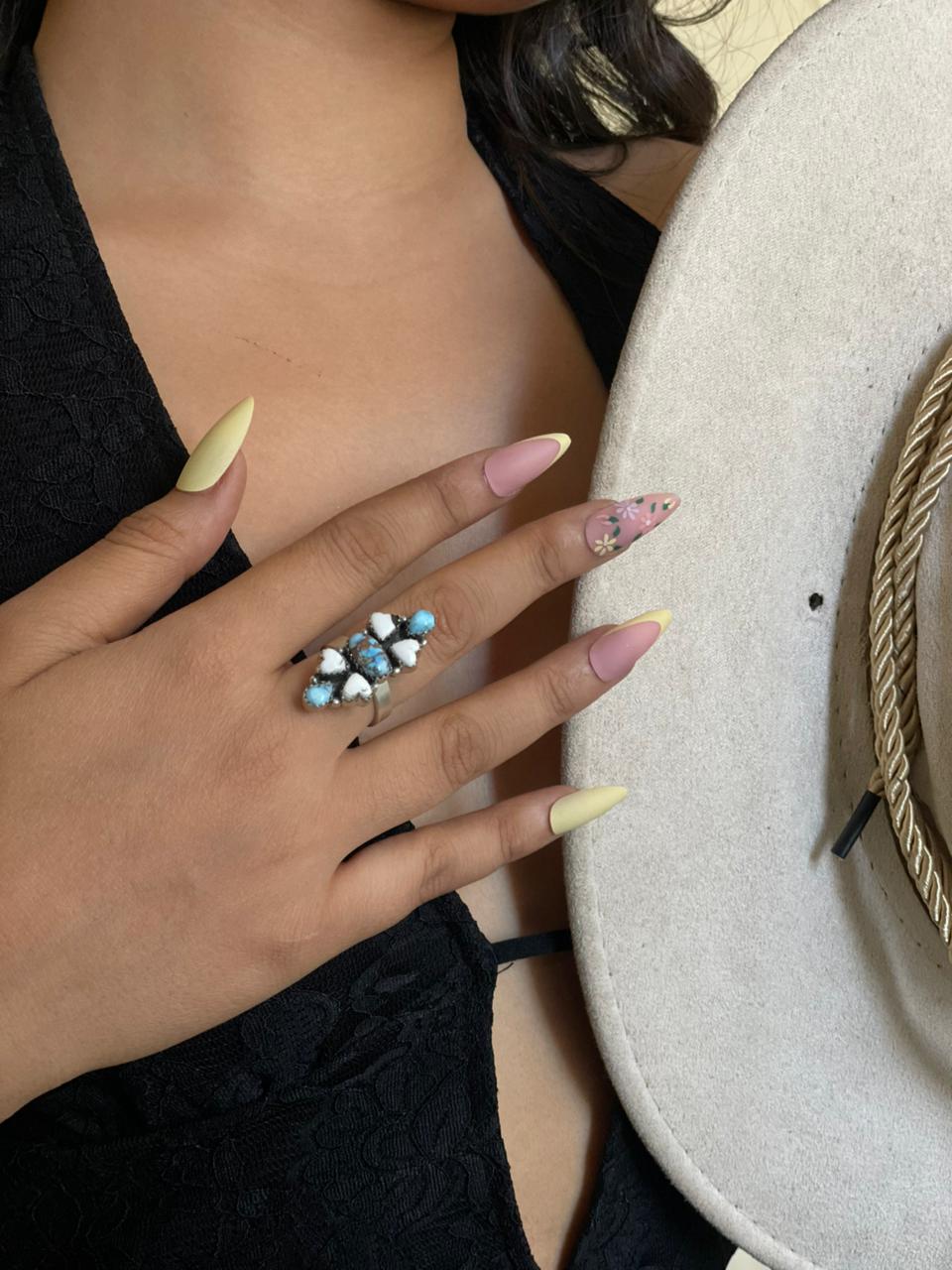 Handmade Sterling Silver Canyon Sunset Collection: Golden Hills Turquoise with White Buffalo Adjustable Ring "Signed Nizhoni"
