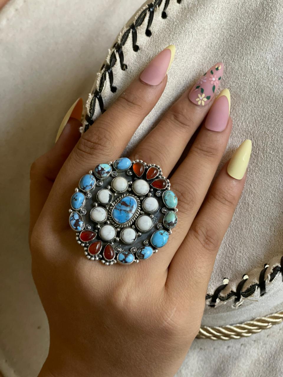 Handmade Sterling Silver Canyon Sunset Collection: Golden Hills Turquoise with White Buffalo and Carnelian Adjustable Ring "Signed Nizhoni"