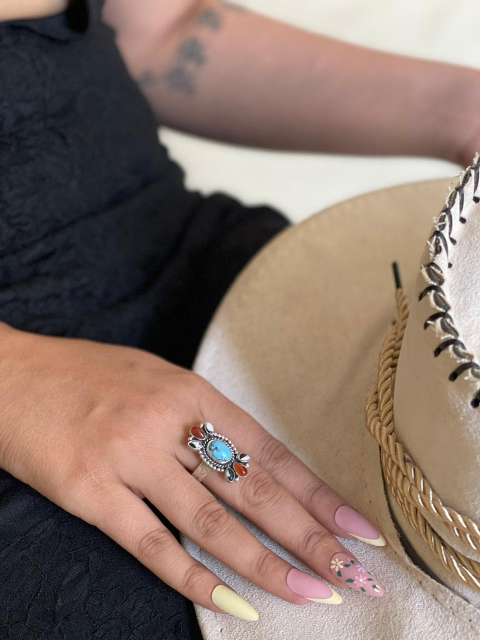 Handmade Sterling Silver Canyon Sunset Collection: Golden Hills Turquoise with White Buffalo and Carnelian Adjustable Ring "Signed Nizhoni"