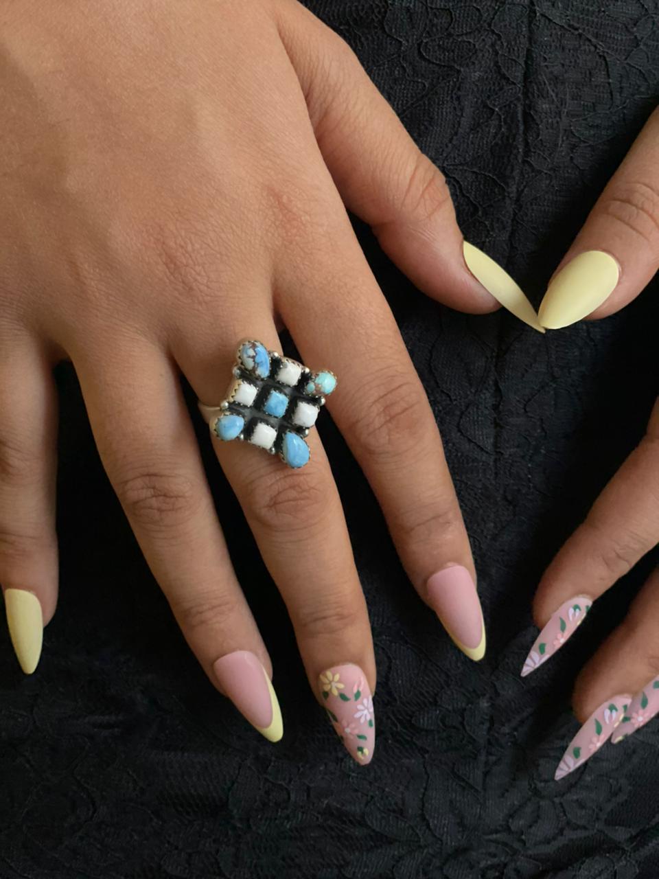 Handmade Sterling Silver Canyon Sunset Collection: Golden Hills Turquoise with White Buffalo Adjustable Ring "Signed Nizhoni"