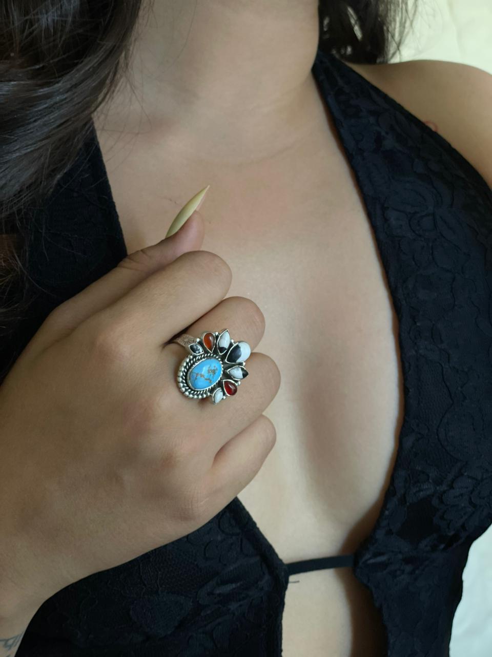 Handmade Sterling Silver Canyon Sunset Collection: Golden Hills Turquoise with White Buffalo and Carnelian Adjustable Ring "Signed Nizhoni"