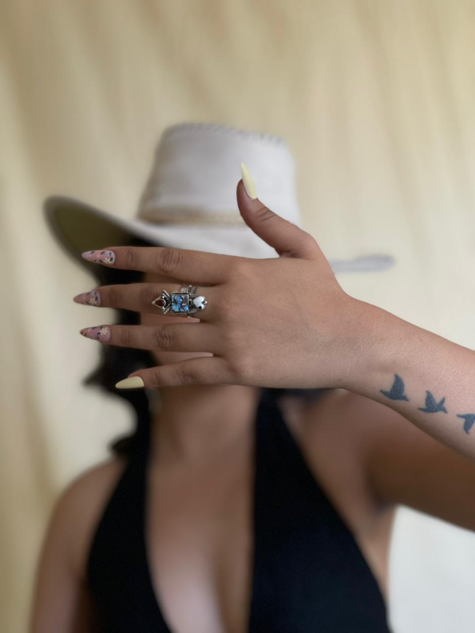 Handmade Sterling Silver Canyon Sunset Collection: Golden Hills Turquoise with White Buffalo and Carnelian Adjustable Ring "Signed Nizhoni"