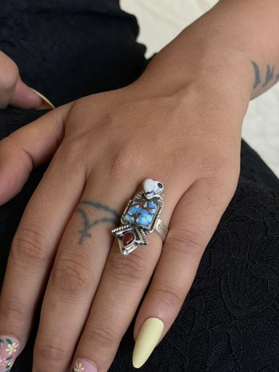 Handmade Sterling Silver Canyon Sunset Collection: Golden Hills Turquoise with White Buffalo and Carnelian Adjustable Ring "Signed Nizhoni"