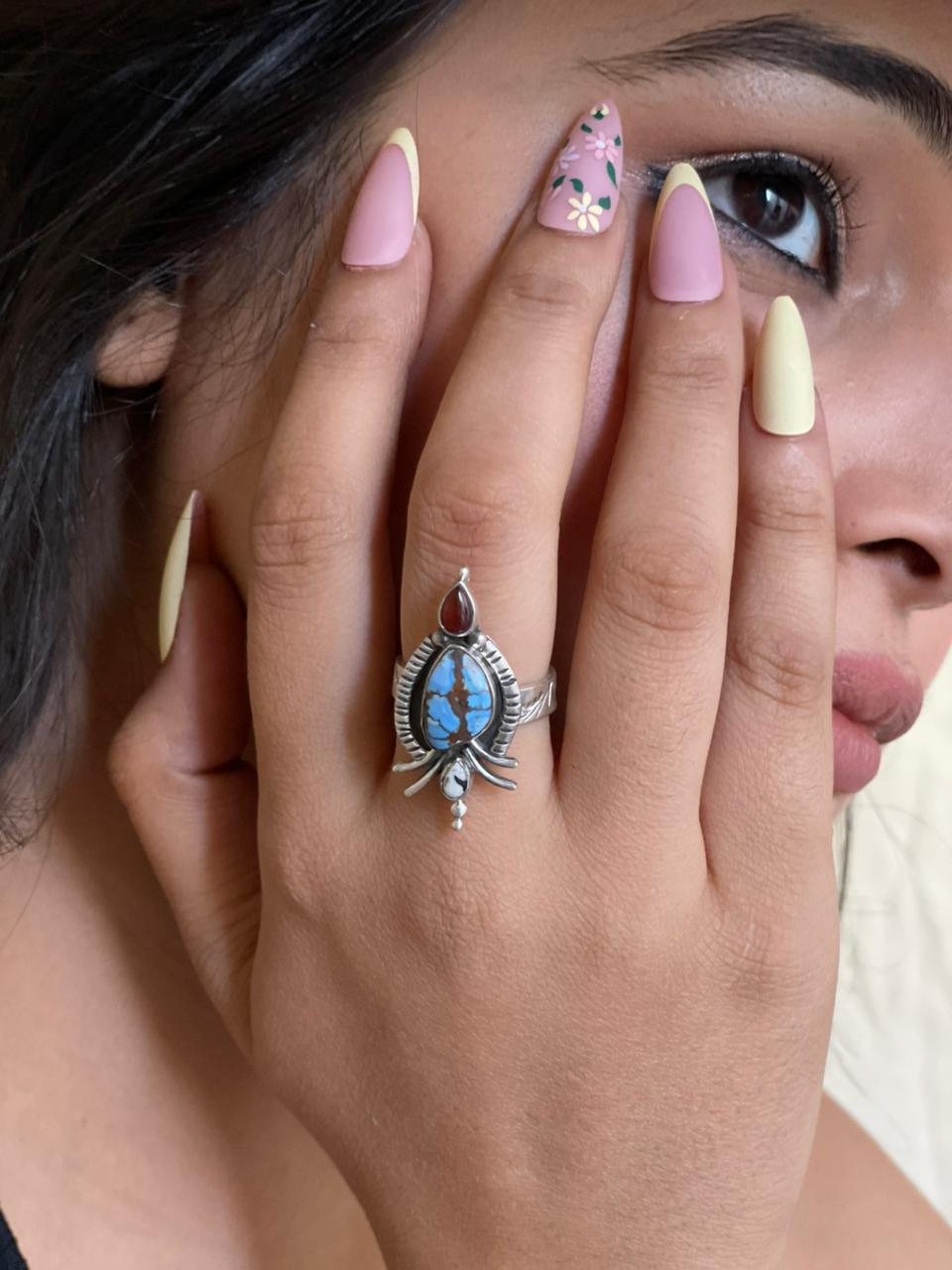 Handmade Sterling Silver Canyon Sunset Collection: Golden Hills Turquoise with White Buffalo and Carnelian Adjustable Ring "Signed Nizhoni"