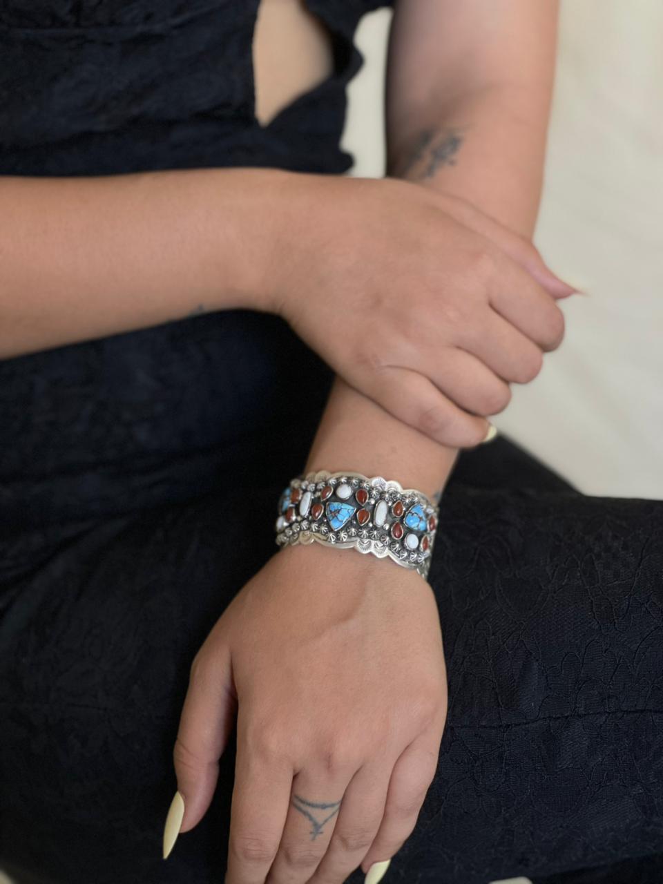 Handmade Sterling Silver Canyon Sunset Collection: Golden Hills Turquoise with White Buffalo and Carnelian Cuff Bracelet "Signed Nizhoni"