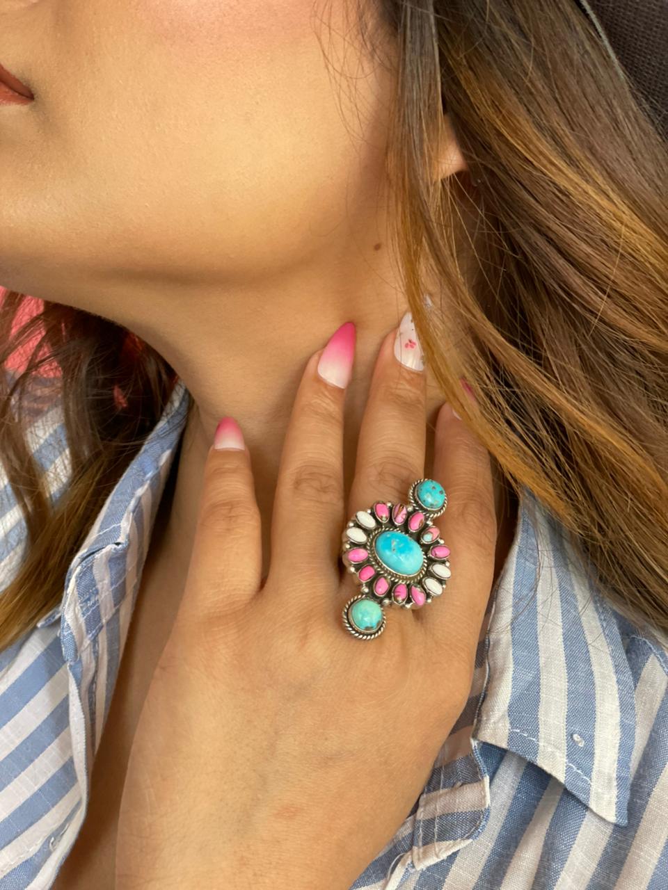 Handmade Sterling Silver Sierra Bella Turquoise with Cotton Candy Collection: Adjustable Ring "Signed Nizhoni"