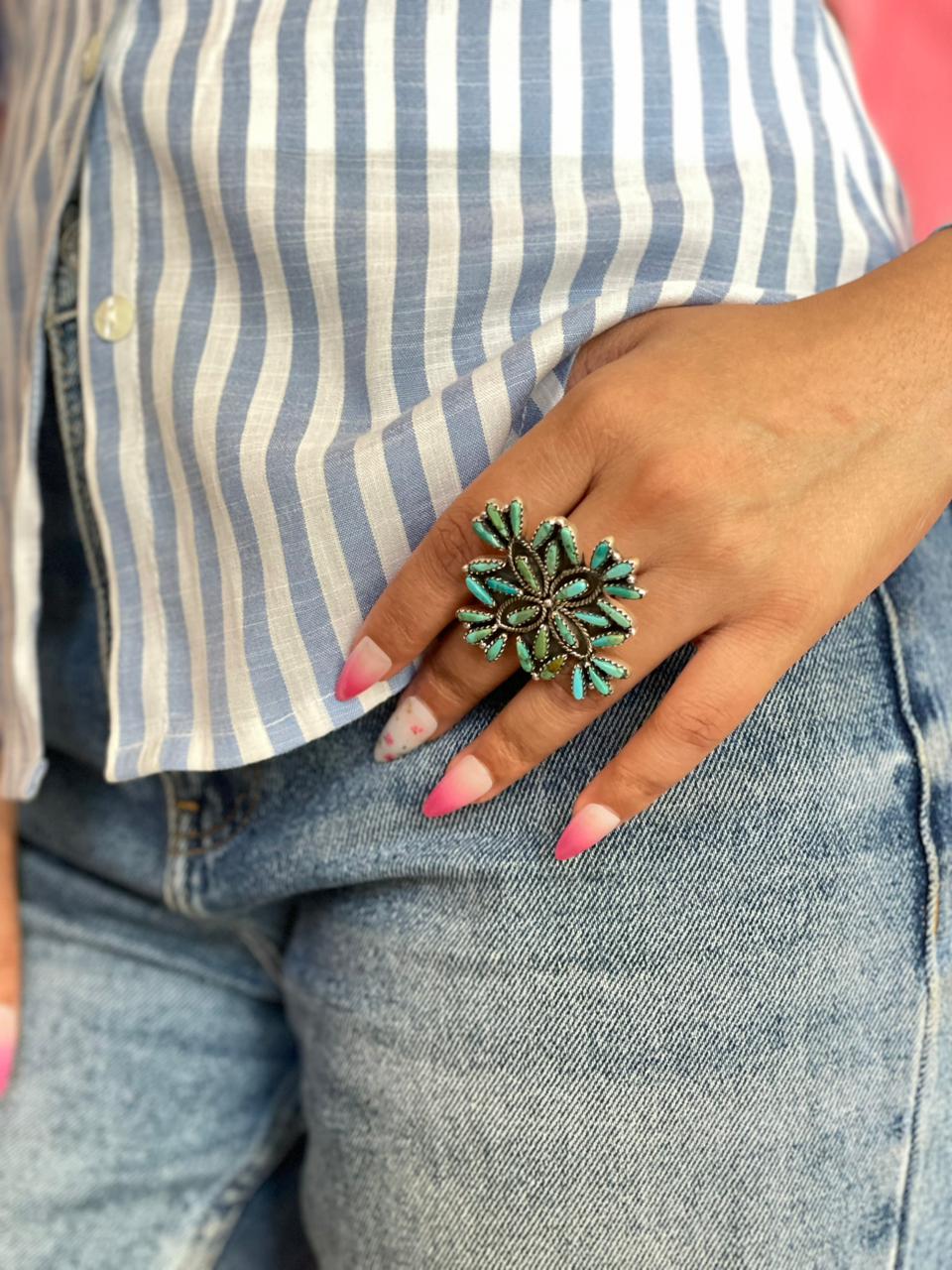 Handmade Sterling Silver Kingman Turquoise Flower Adjustable Ring "Signed Nizhoni"