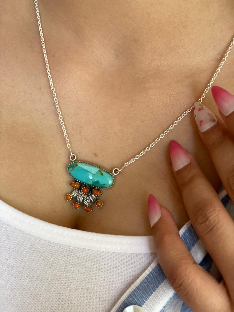 Handmade Sterling Silver Kingman Turquoise with Orange Mojave Necklace "Signed Nizhoni"