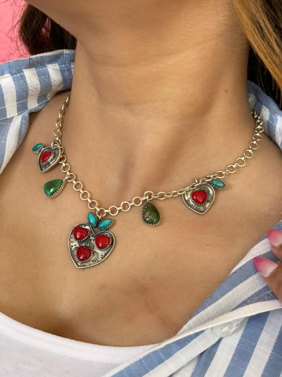 Handmade Sterling Silver Kingman with Sonoran Mountain Turquoise and Rosarita Cherry Necklace "Signed Nizhoni"